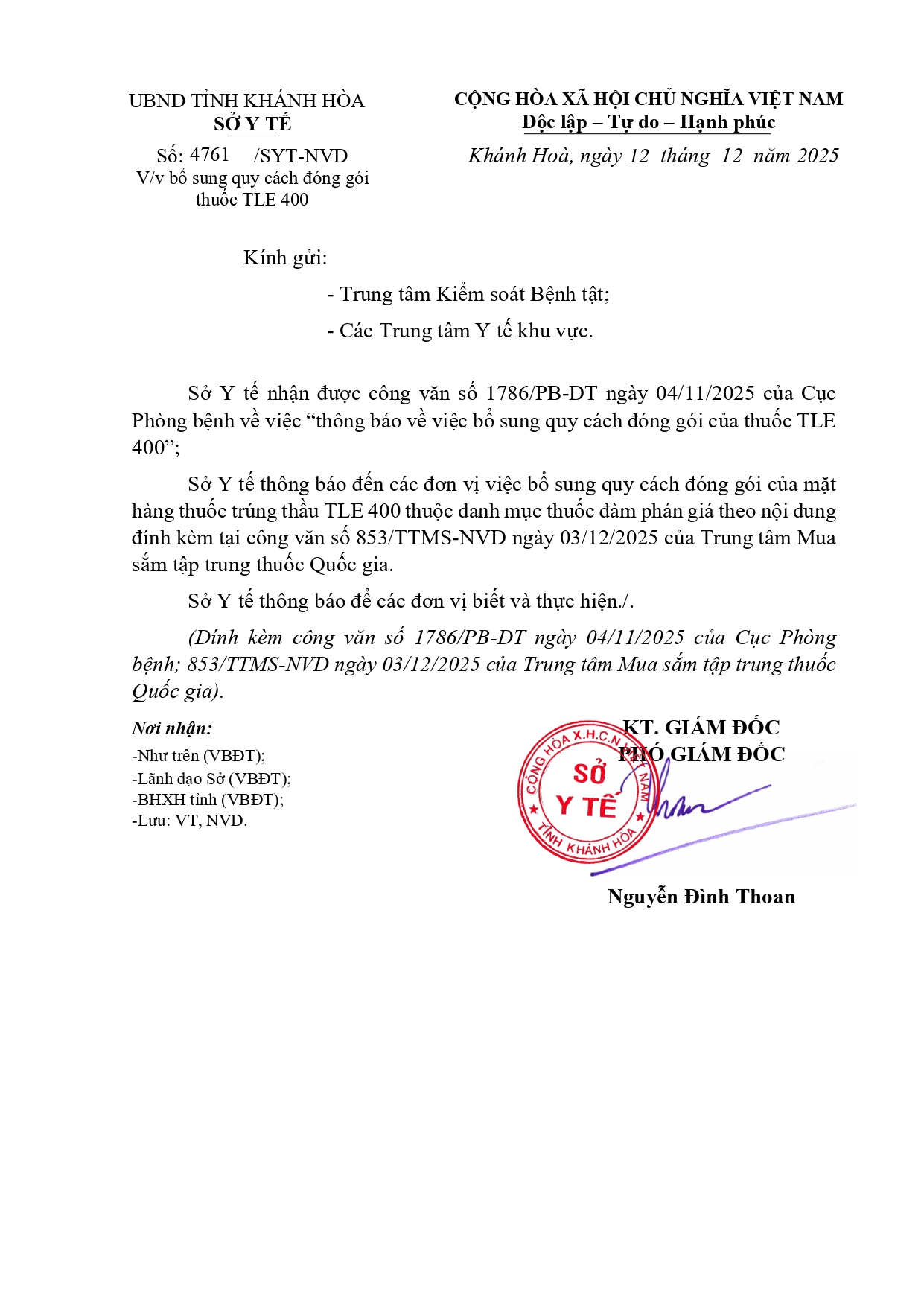 V/v bổ sung quy cách đóng gói thuốc TLE 400